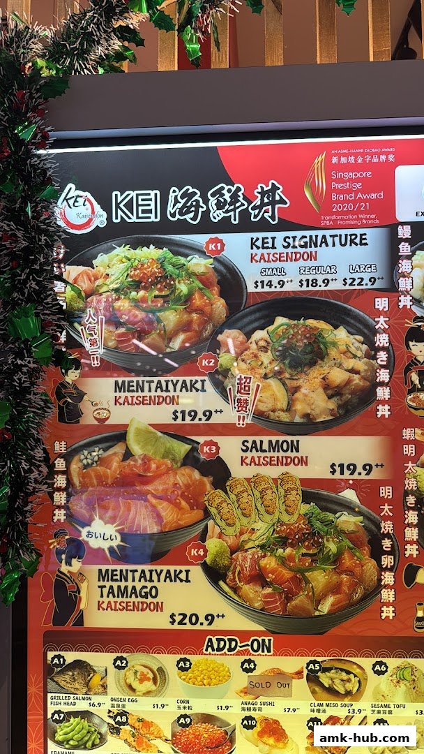 A menu board for Kei Kaisendon featuring various kaisendon dishes and add-ons.