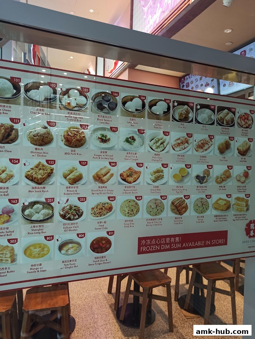 A brightly lit menu board displaying a wide variety of dim sum dishes with images and prices.
