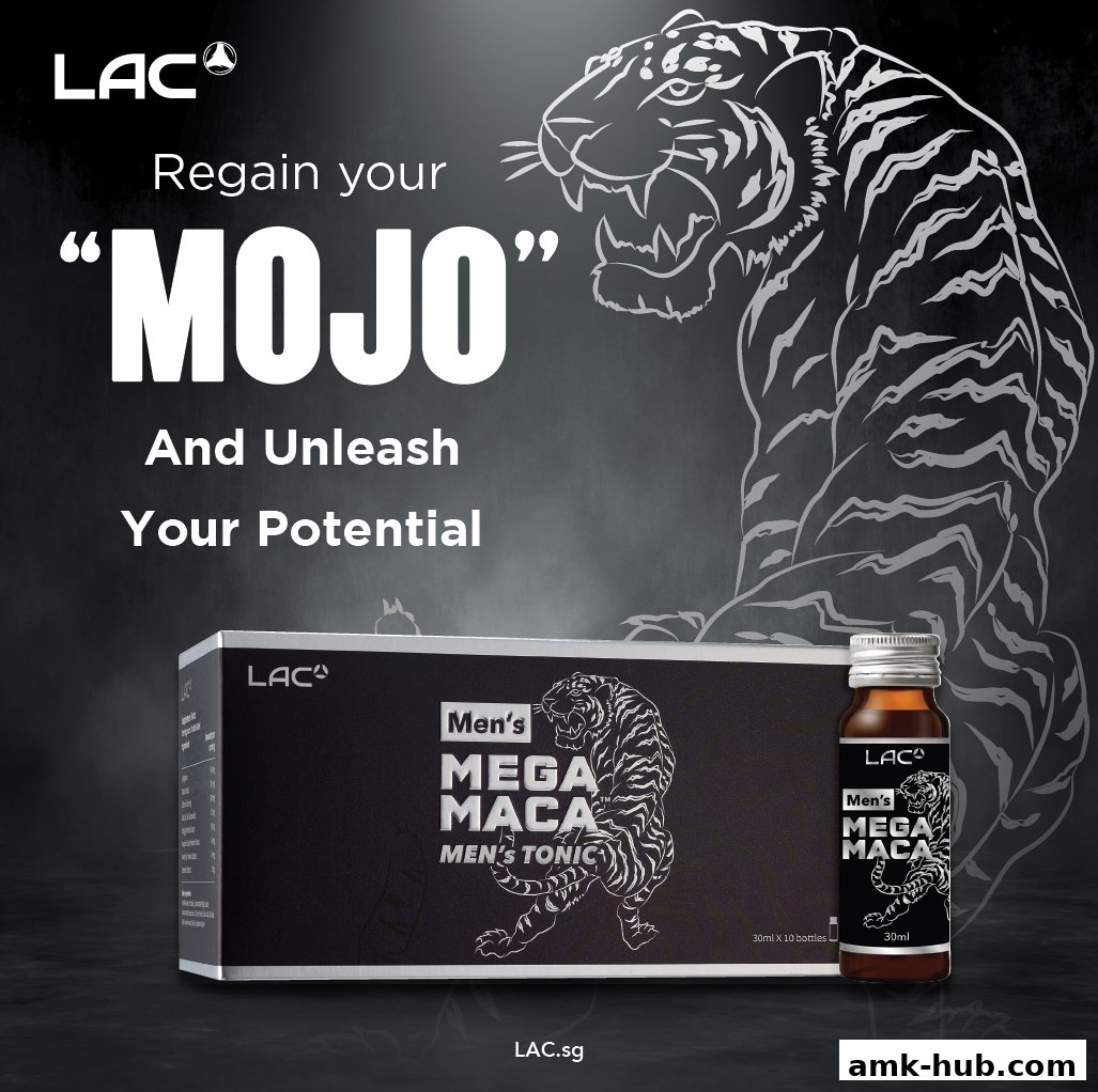 LAC Nutrition For Life promotes Men's Mega Maca tonic with a tiger graphic.