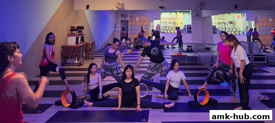 A group of people practicing yoga in a studio with yoga wheels and mats.