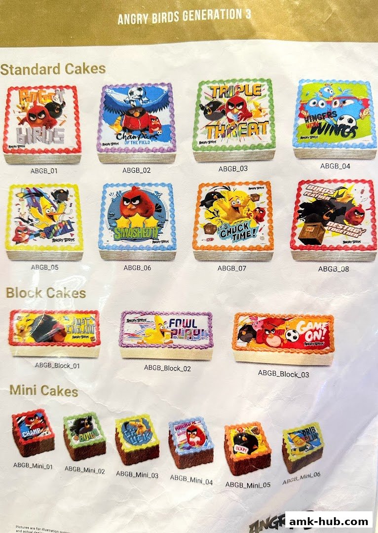 A catalog of Angry Birds themed cakes, including standard, block, and mini sizes.
