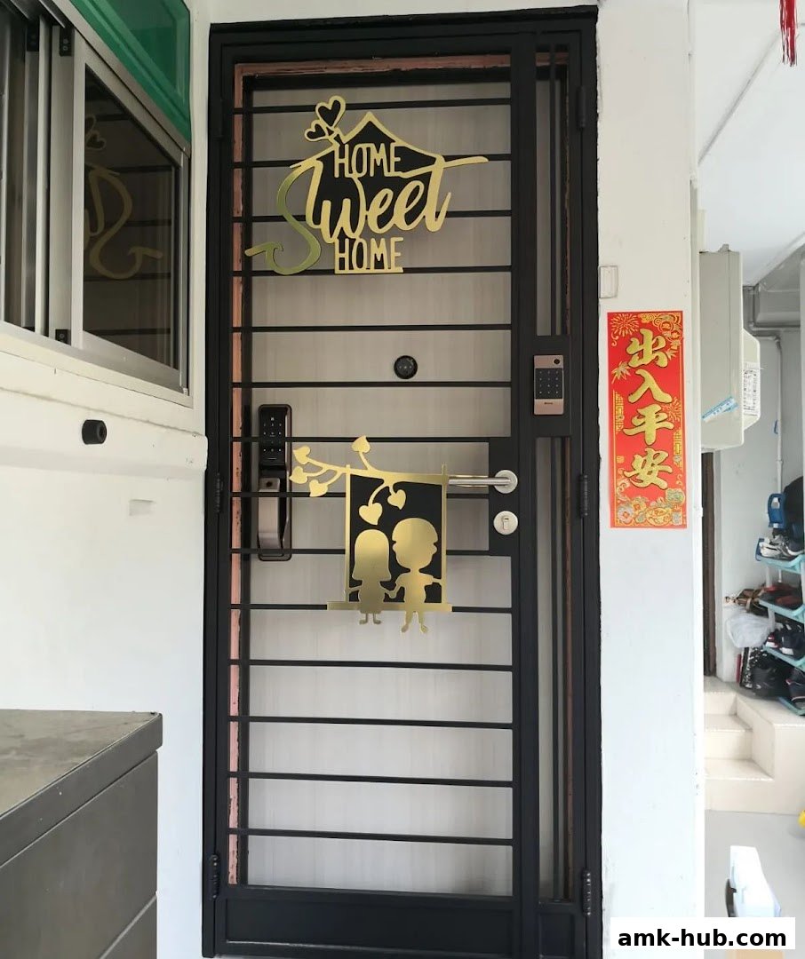 A black metal gate with decorative gold 'Home Sweet Home' and couple decals, featuring a digital lock.