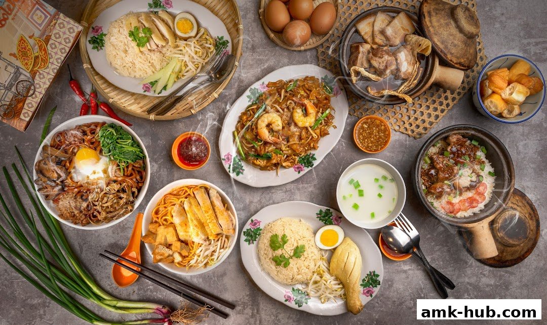 A spread of delicious Malaysian dishes including chicken rice, char kway teow, and curry noodles.