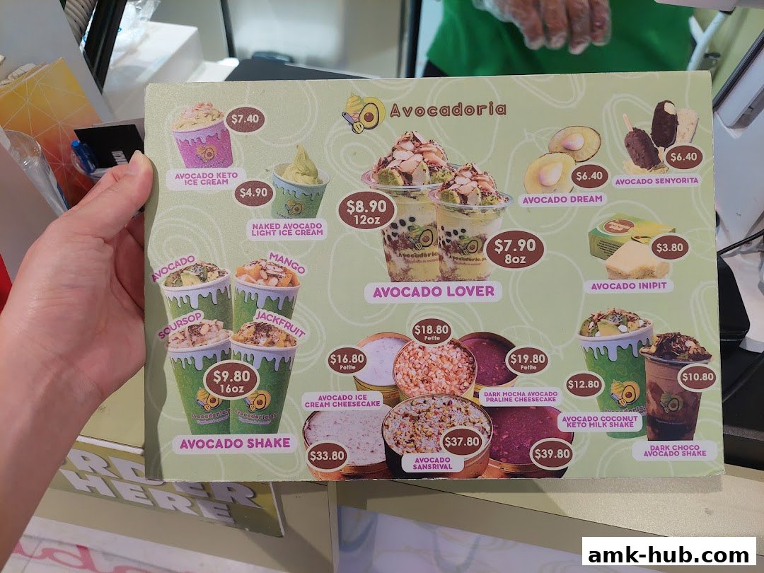 A menu from Avocadoria showcasing various avocado-based desserts and drinks.