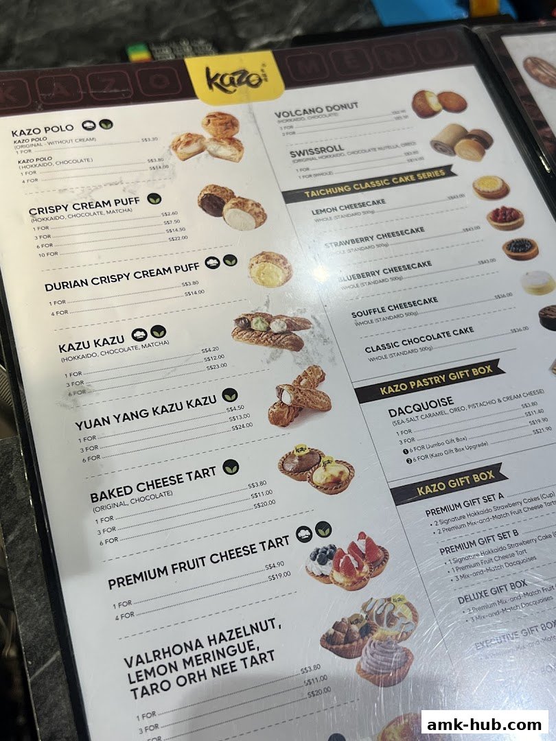 A menu from Kazo featuring various pastries, cakes, and gift boxes with prices.
