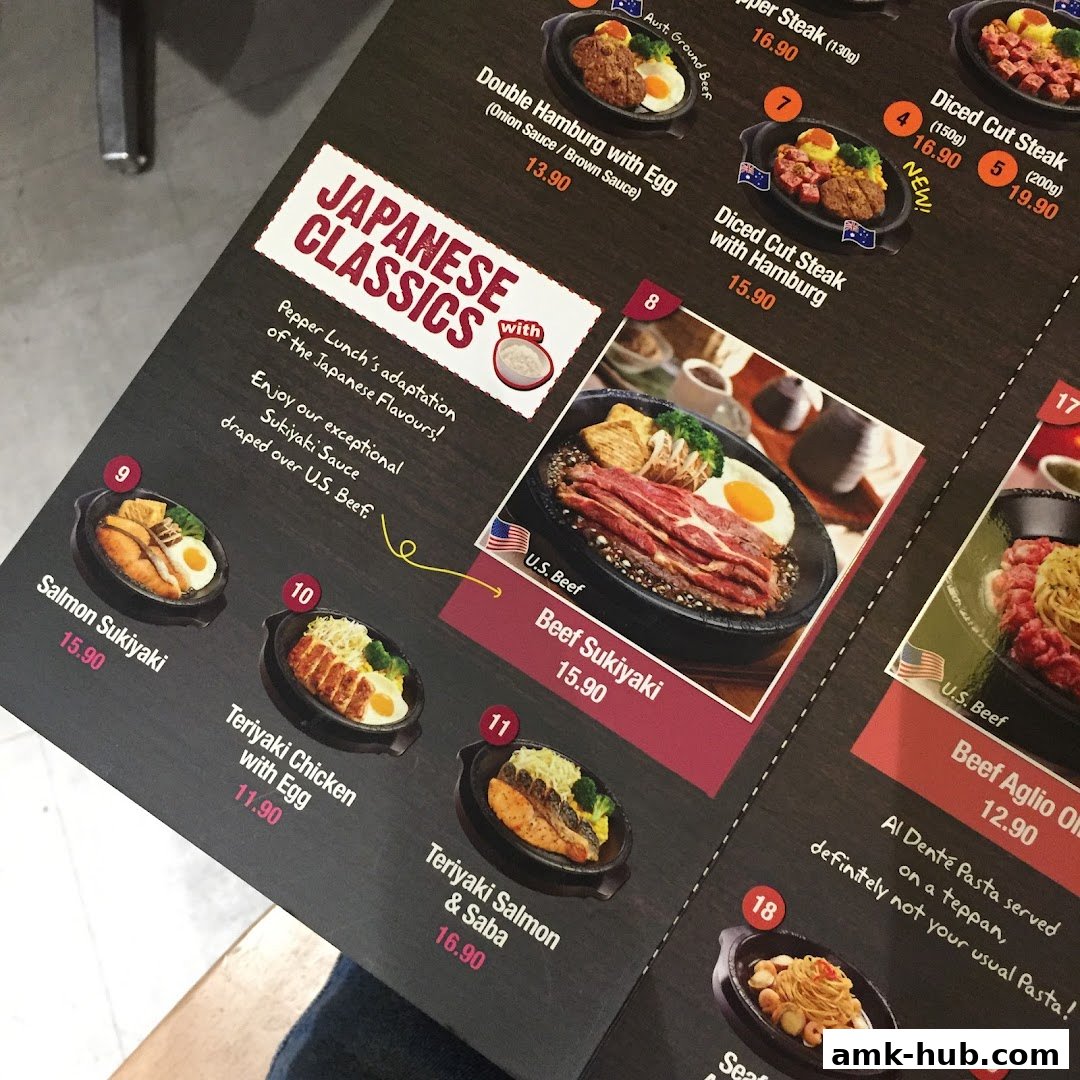 A menu from Pepper Lunch showcasing Japanese classic dishes with beef, salmon, and chicken.