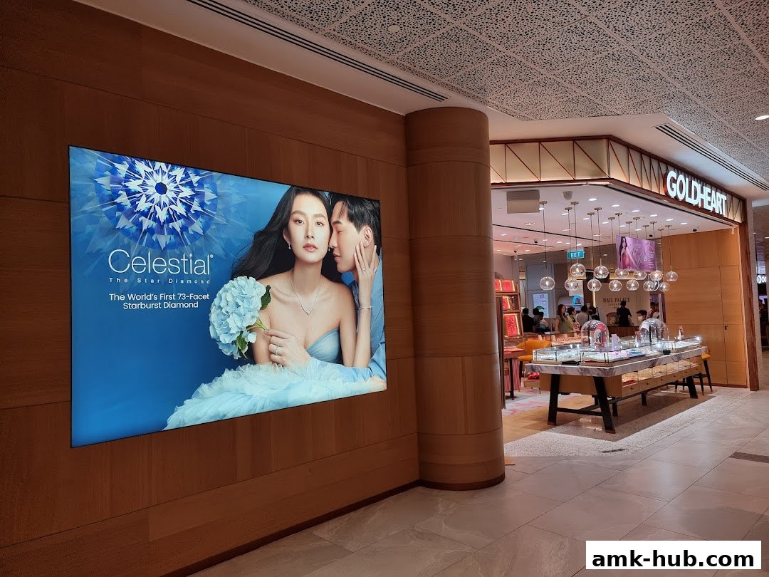 The Goldheart Jewelry store entrance with a large advertisement for Celestial diamonds.