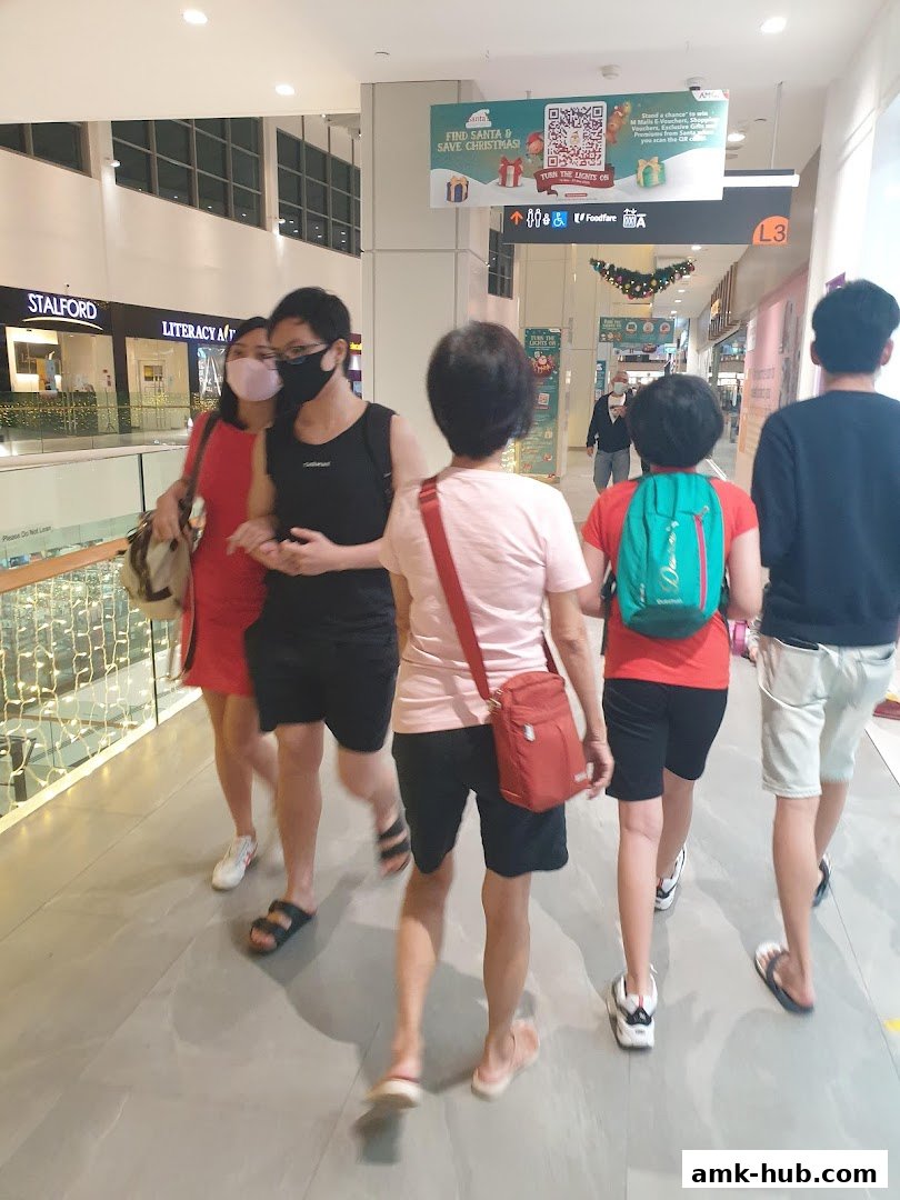 People walking in a mall corridor with shops and Christmas decorations visible.
