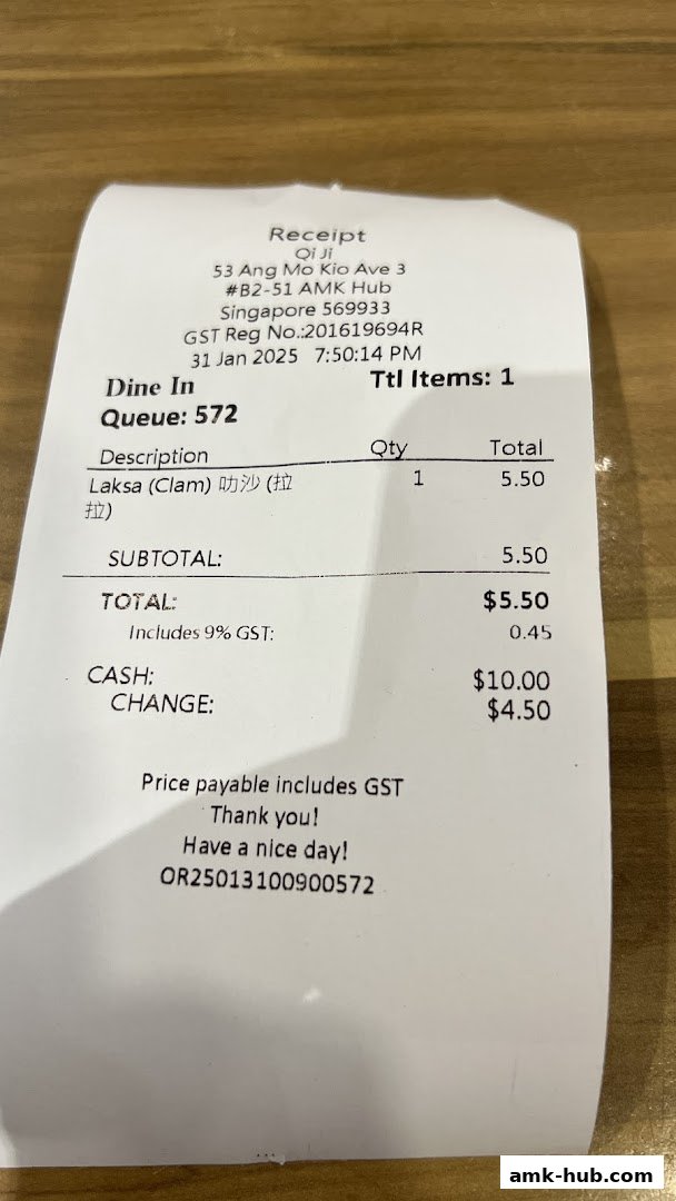 A receipt from Qi Ji showing a Laksa order and payment details.