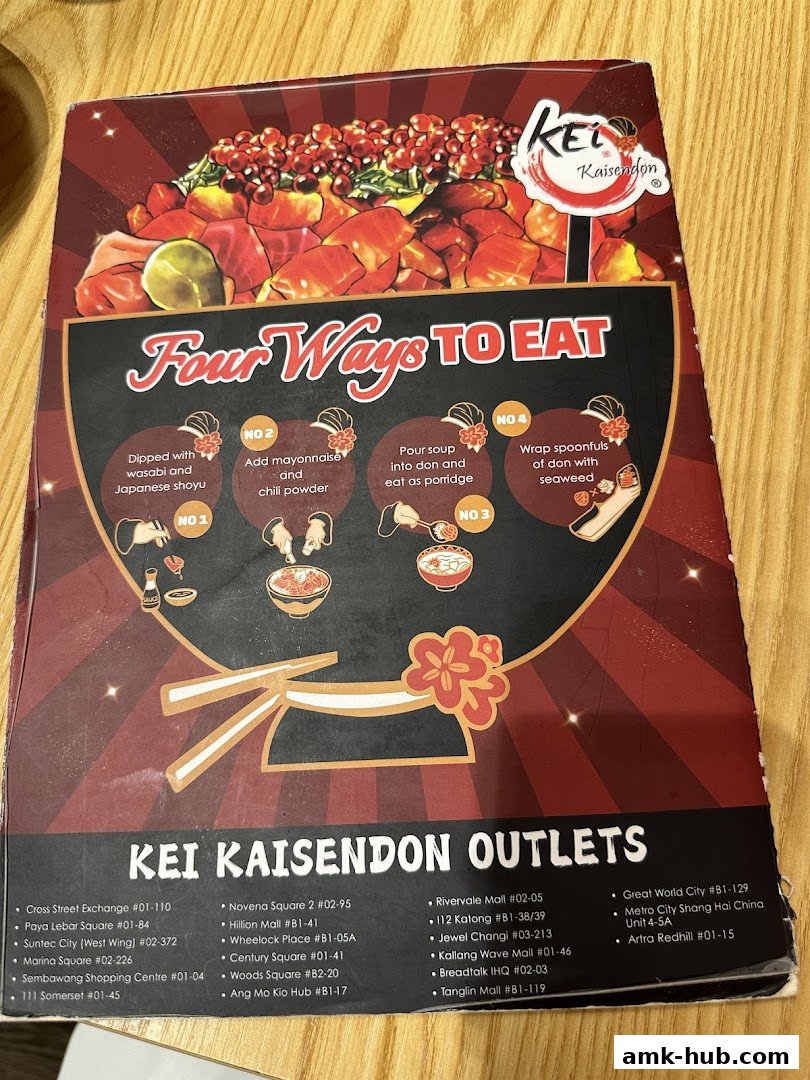 A menu from Kei Kaisendon showing four ways to eat their signature dish.