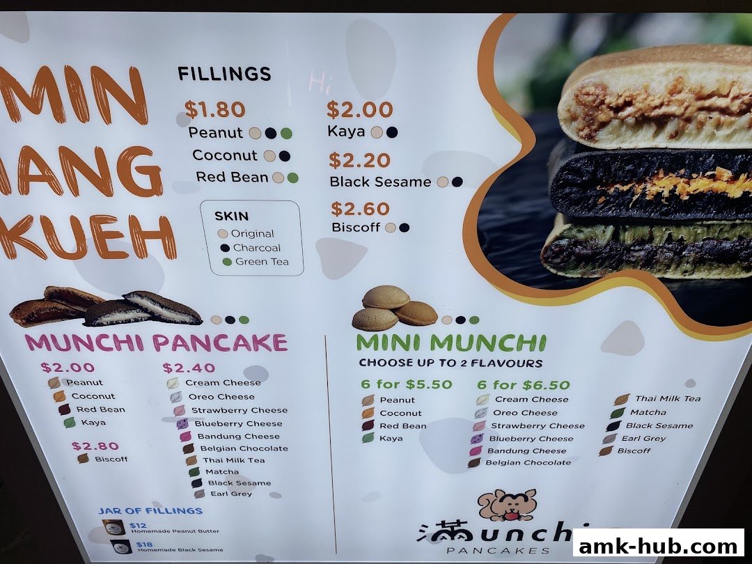 A menu board for Munchi Pancakes, showcasing various pancake fillings and flavors.