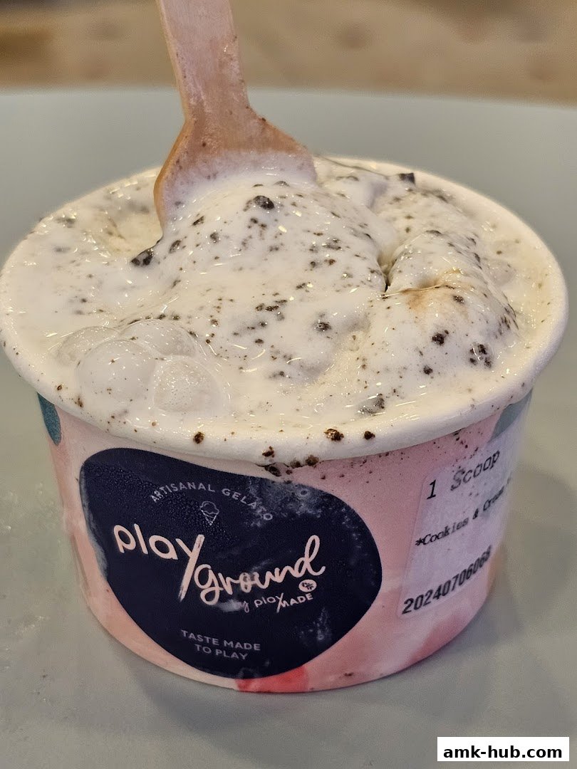 A cup of Cookies & Cream gelato with a wooden spoon.