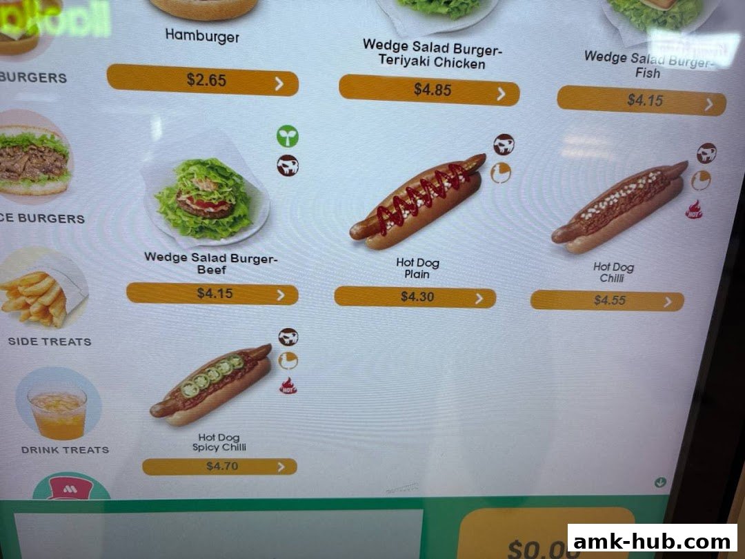 A digital menu displaying various burgers and hot dogs with prices.