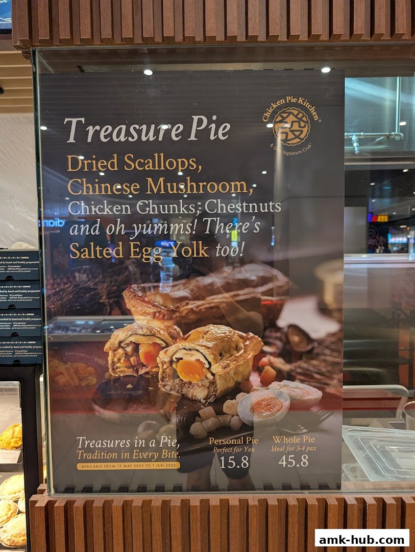 A sign advertising Chicken Pie Kitchen's Treasure Pie with ingredients and pricing.