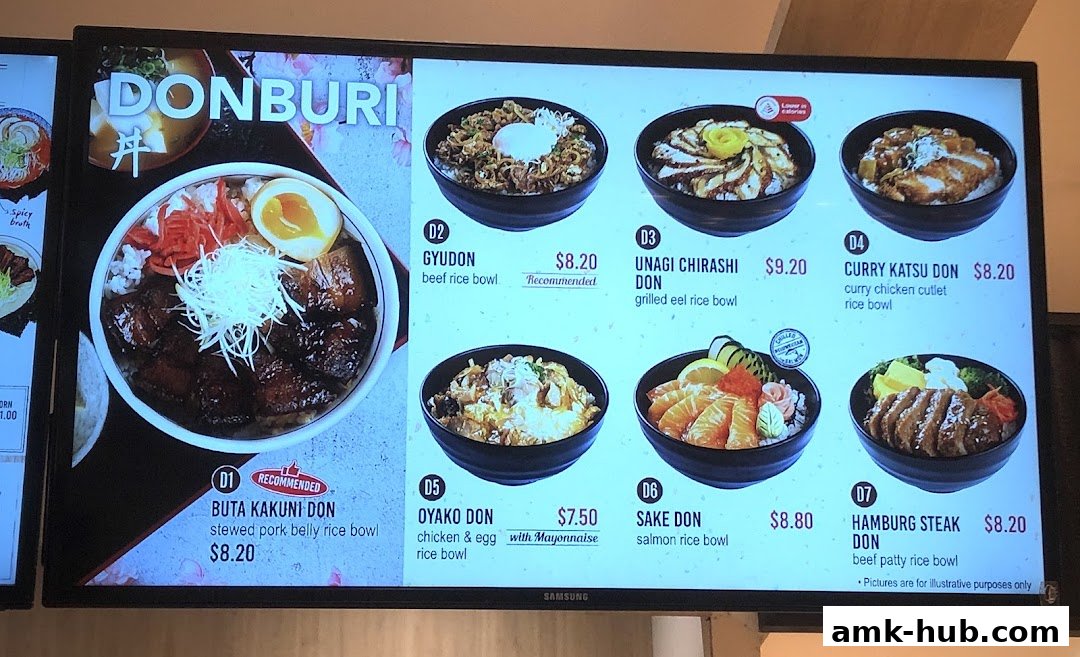 A digital menu displaying various Donburi rice bowls with prices and descriptions.