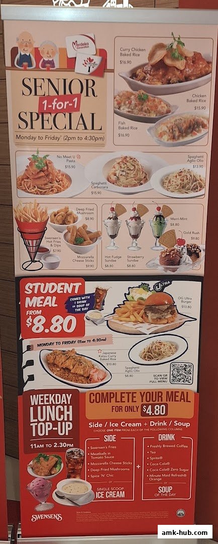 A menu display featuring Swensen's Senior and Student meal specials, along with various ice cream sundaes and side dishes.