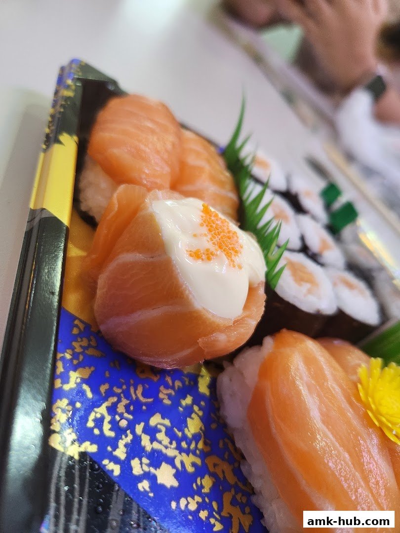 A close-up of a sushi platter featuring salmon nigiri and maki rolls.