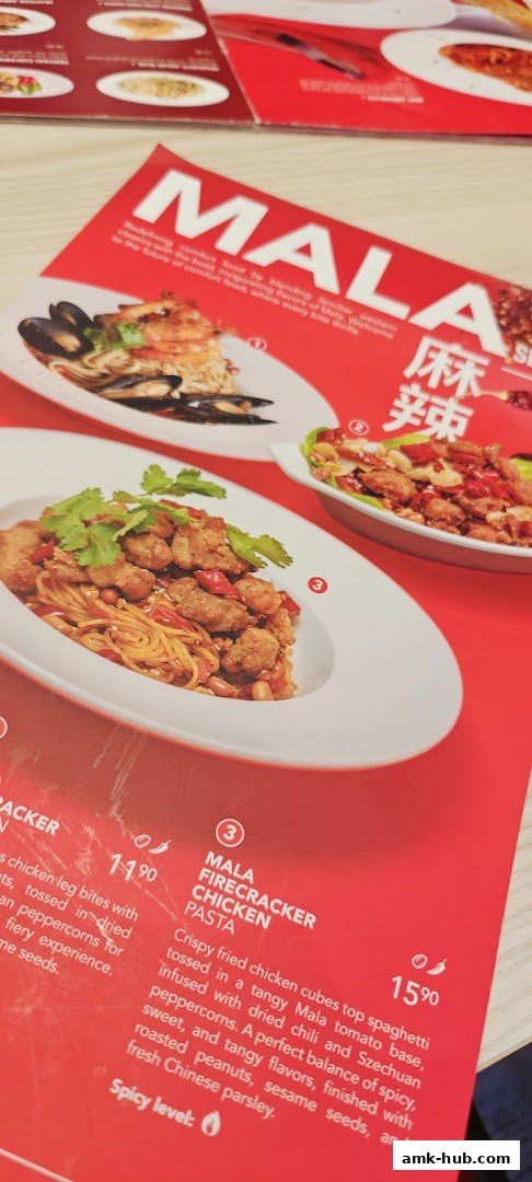 A menu featuring Mala Firecracker Chicken Pasta and other dishes.