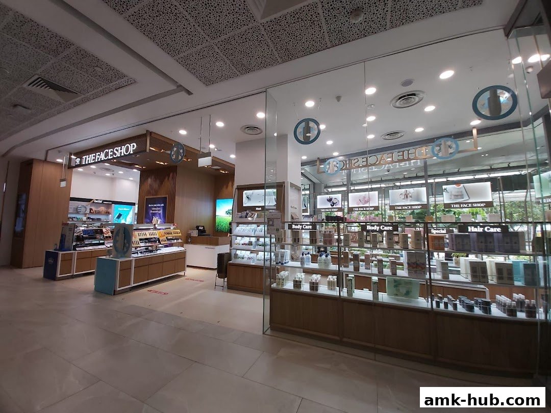 The exterior of THEFACESHOP, a beauty store, showcasing various skincare and makeup products.