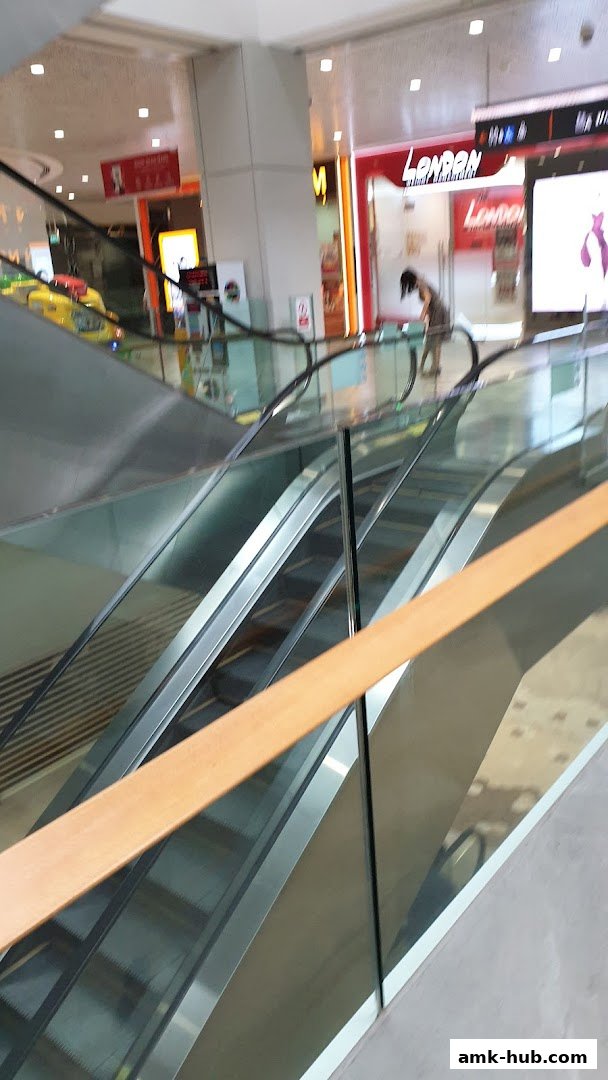 Escalators in a shopping mall with shops visible in the background.