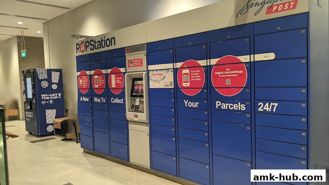 POPStation parcel lockers and a beverage vending machine in a modern mall.
