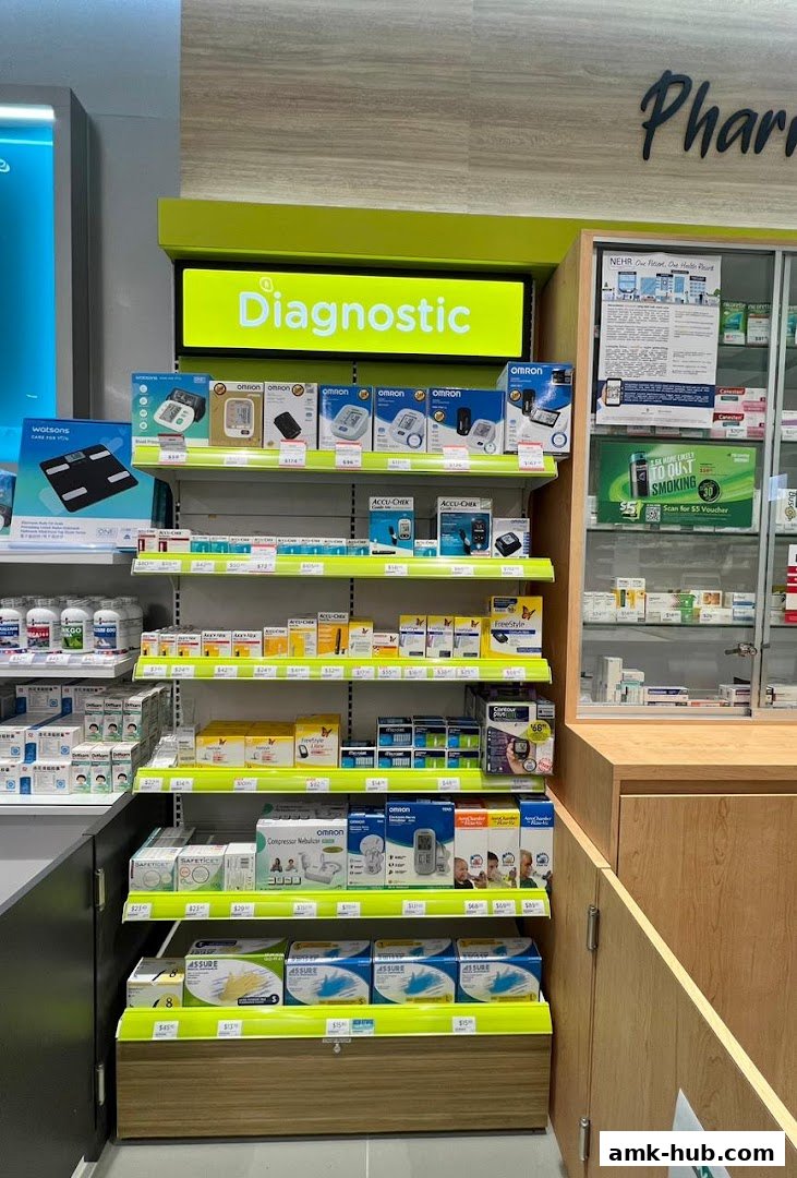 Shelves stocked with diagnostic health devices and medical supplies at Watsons.