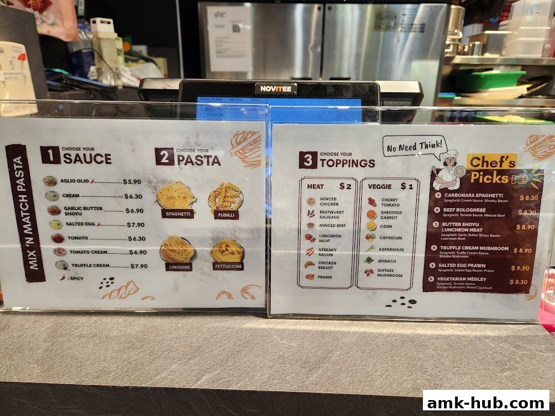 A menu board for Big Pasta Small Pasta showing sauce, pasta, and topping choices, plus chef's picks.