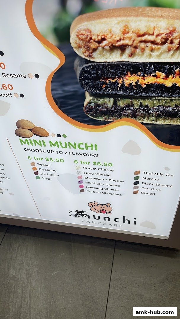 A menu board for Munchi Pancakes showcasing various flavors and pricing for mini munchis.