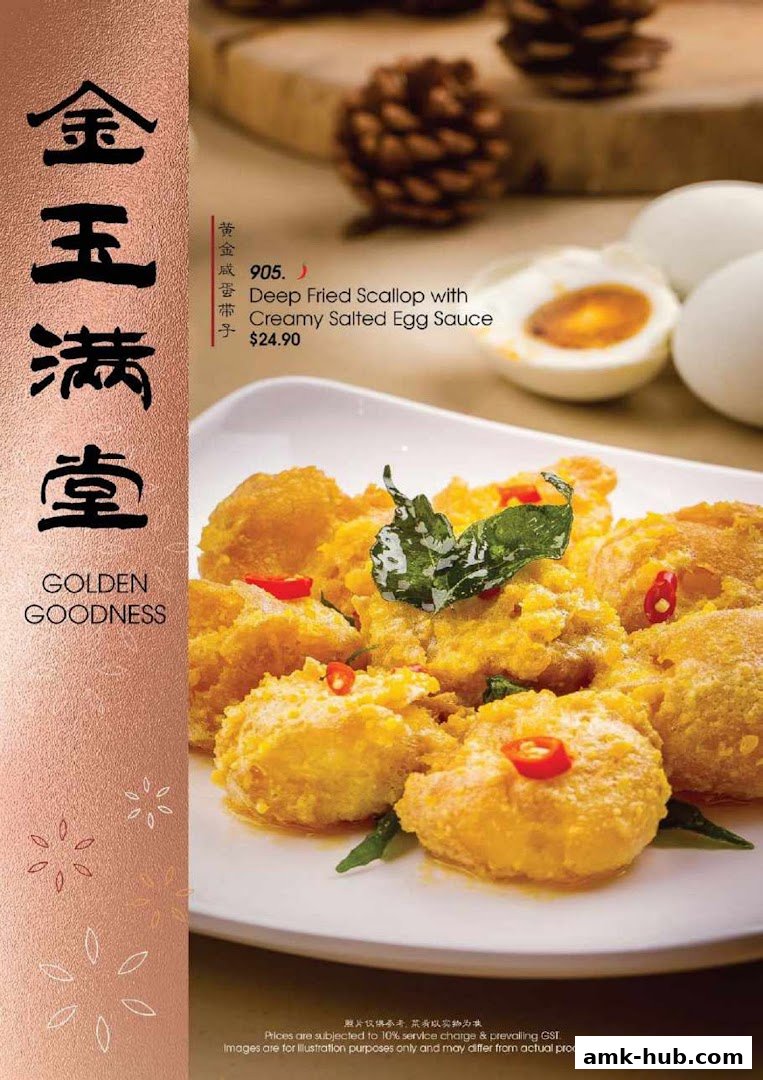 A close-up of a delicious deep-fried scallop dish with creamy salted egg sauce.