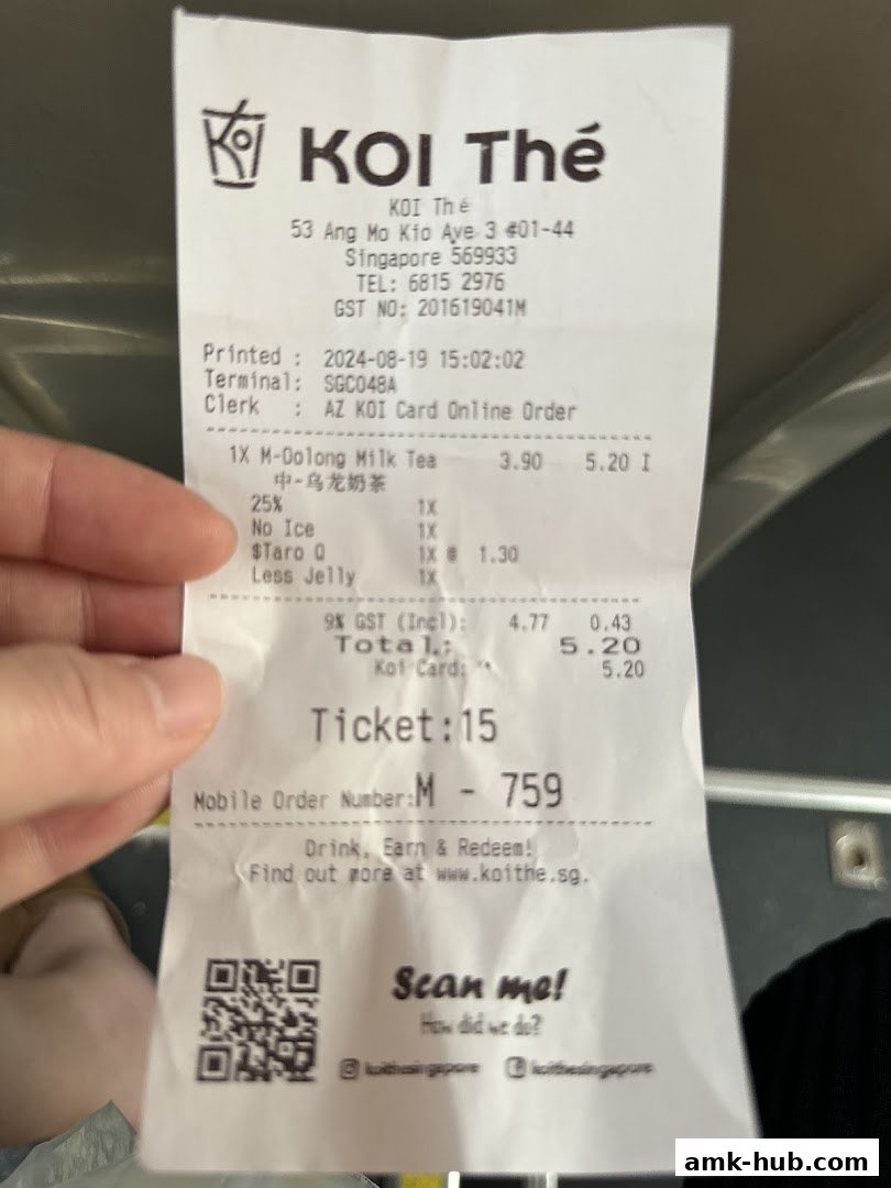 A receipt from KOI Thé showing a milk tea order with customizations and total cost.