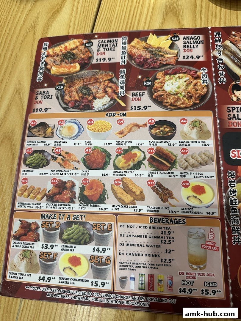 A menu from Kei Kaisendon AMK HUB featuring various donburi, add-ons, sets, and beverages.