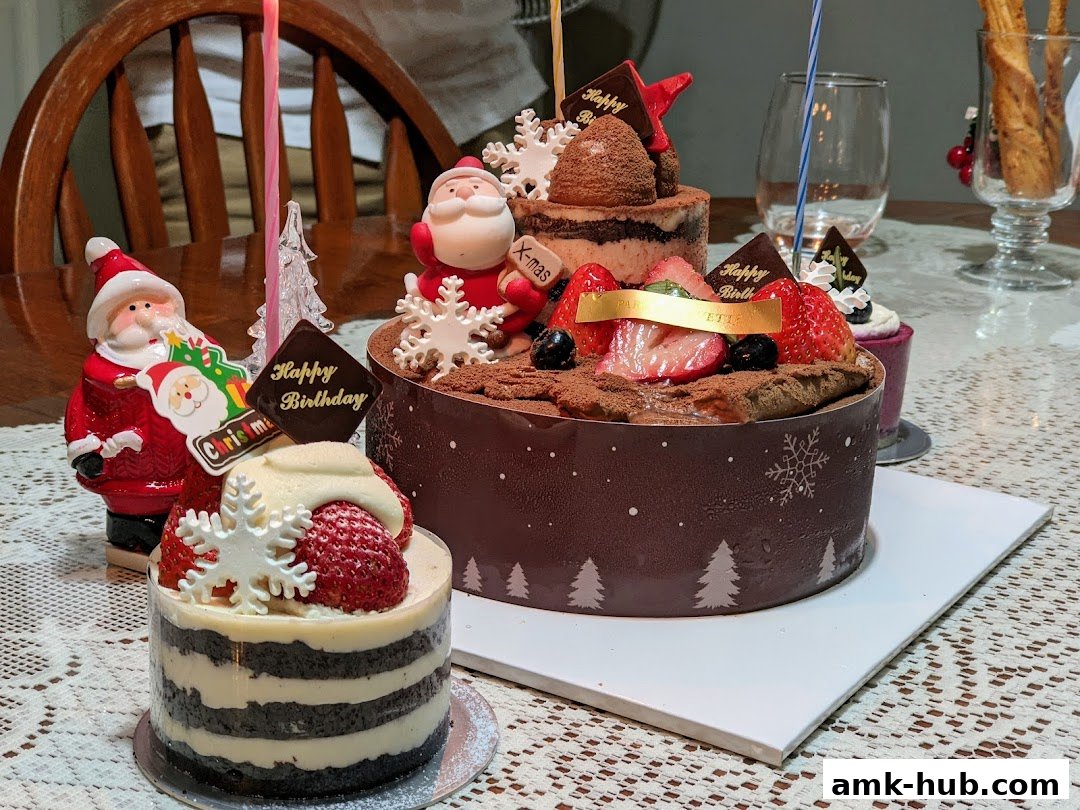 Two festive cakes, one large chocolate and one small layered cake, decorated with Santa figures and strawberries.
