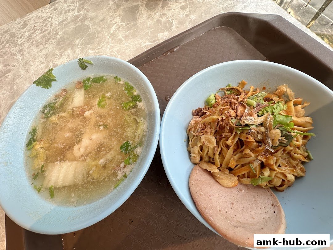 A bowl of noodles with toppings and a side of soup, served on a tray.