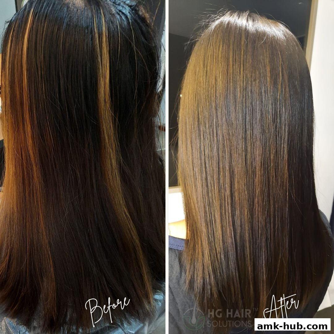 A split image showing a 'before' and 'after' of hair treatment, highlighting a transformation.