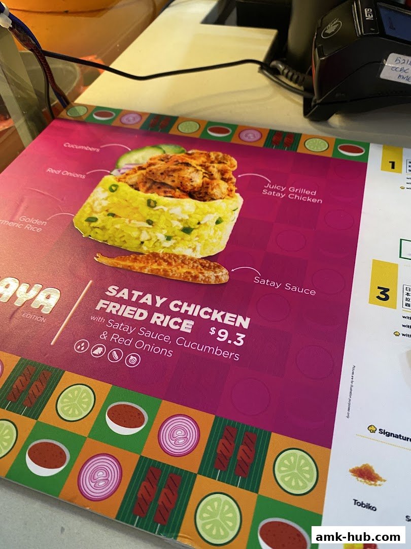 A menu item for Satay Chicken Fried Rice with ingredients and price displayed.