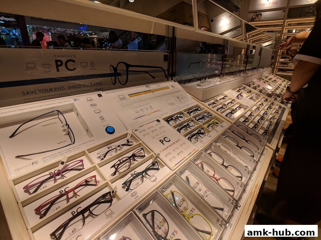 A display of various eyeglasses, with a focus on blue light protection for computer use.