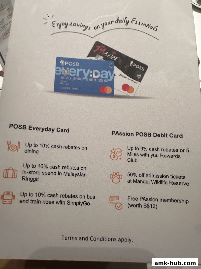 A flyer detailing POSB Everyday Card and PAssion POSB Debit Card benefits.