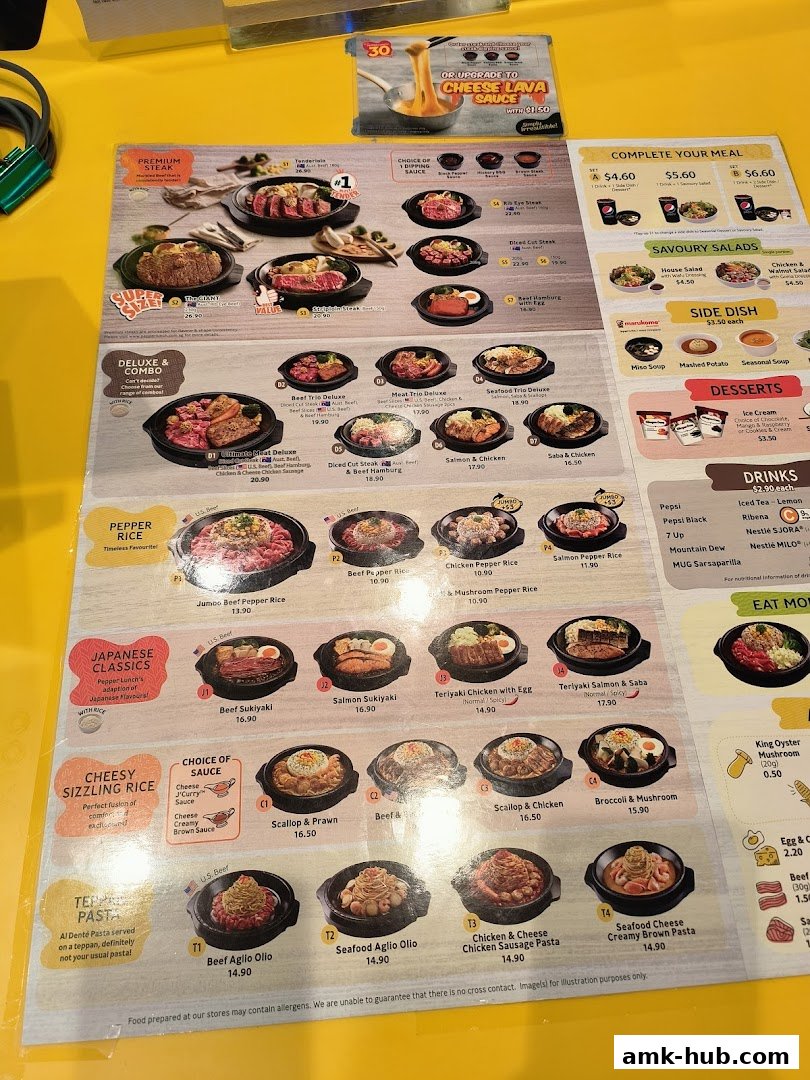 A menu from Pepper Lunch featuring various sizzling rice dishes, pastas, and drinks.