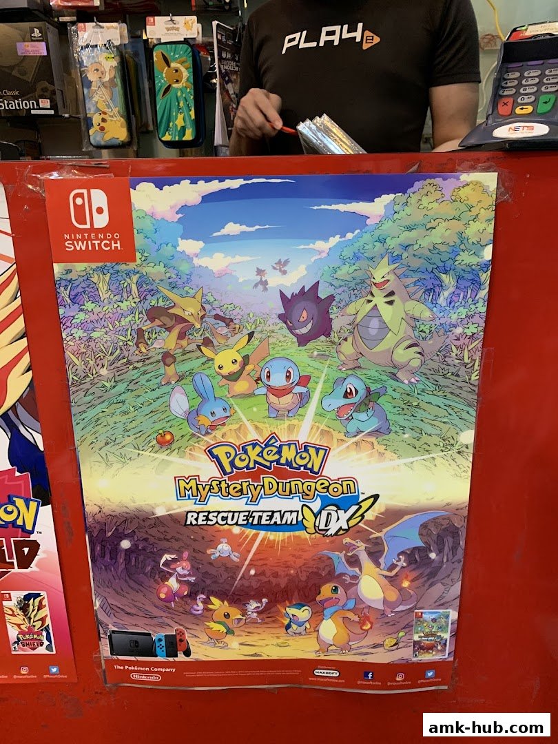A poster for Pokemon Mystery Dungeon Rescue Team DX is displayed in a shop.