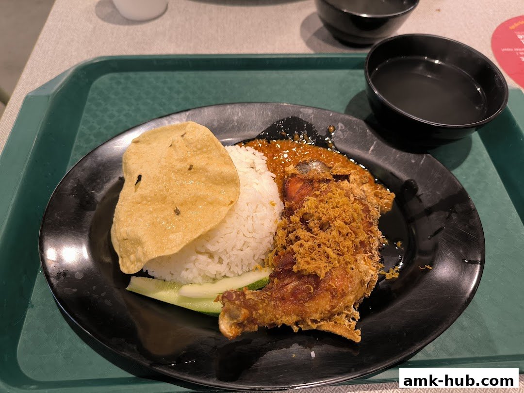 A plate of fried chicken rice with papadum and a side of soup.