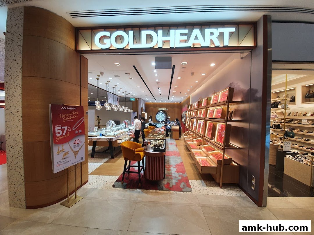 The entrance of Goldheart Jewelry store with displays of jewelry and a promotional poster.