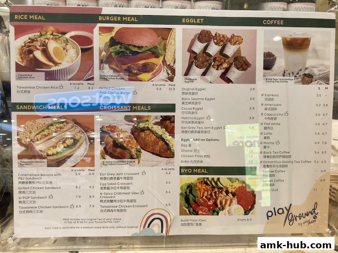 A menu displaying various meals including rice, burgers, egglets, sandwiches, croissants, and coffee.