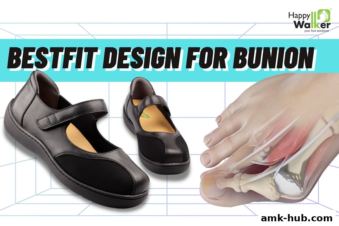 Happy Walker shoes designed for bunions, featuring a bestfit design and anatomical foot illustration.