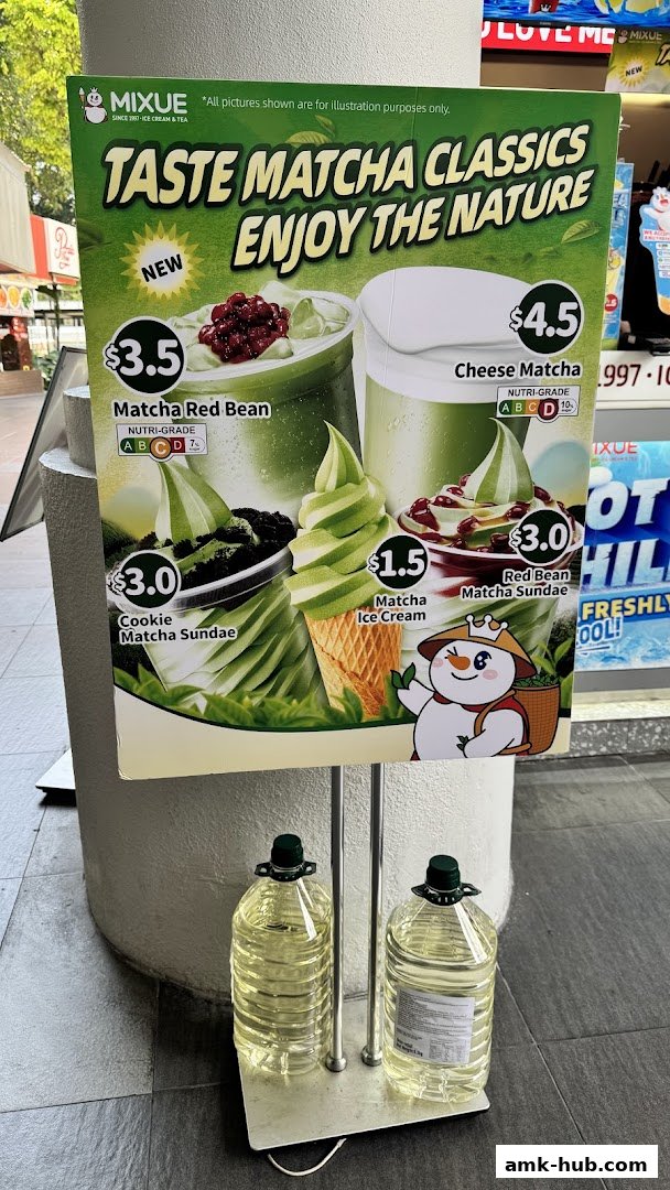 A promotional sign for MIXUE featuring various matcha-flavored ice cream and drinks.