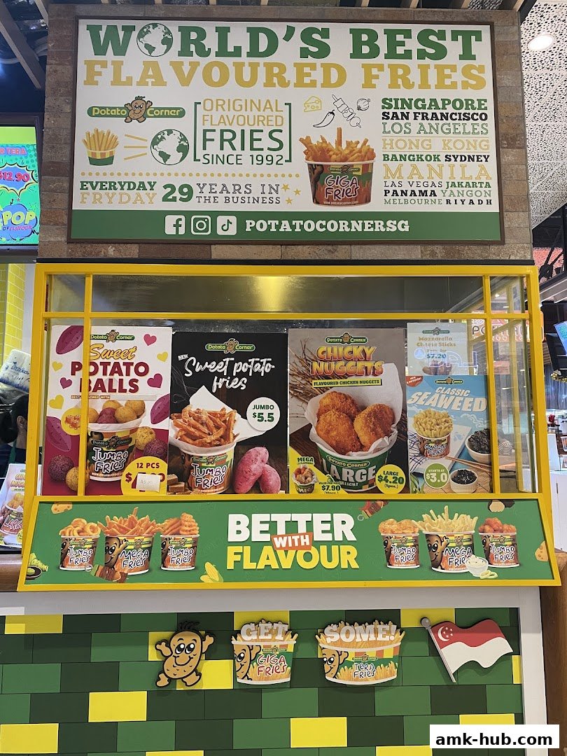 Potato Corner shop display featuring various flavored fries, sweet potato balls, and chicken nuggets.