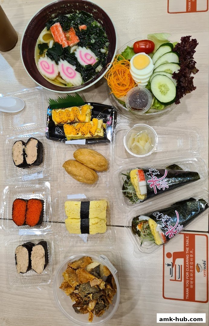 A variety of sushi, udon soup, salad, and fried fish skin from umisushi.