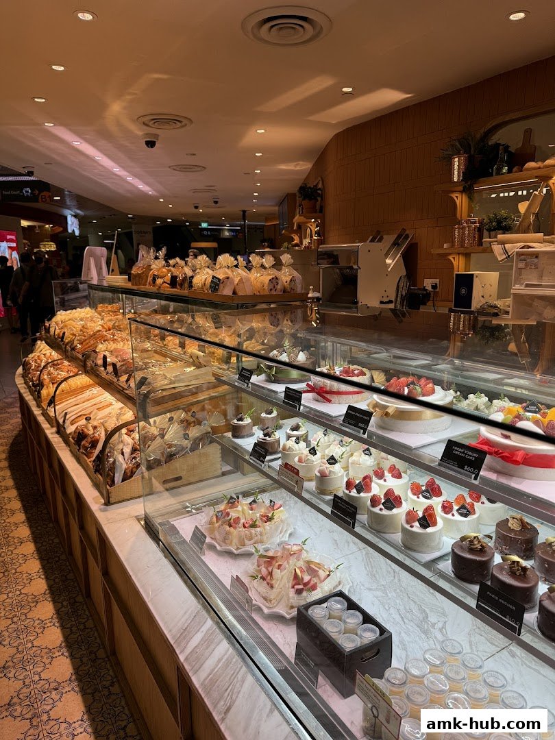 A display of freshly baked pastries, cakes, and desserts in a bakery's refrigerated display case.