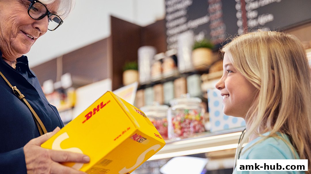 An older woman hands a DHL package to a smiling young girl.