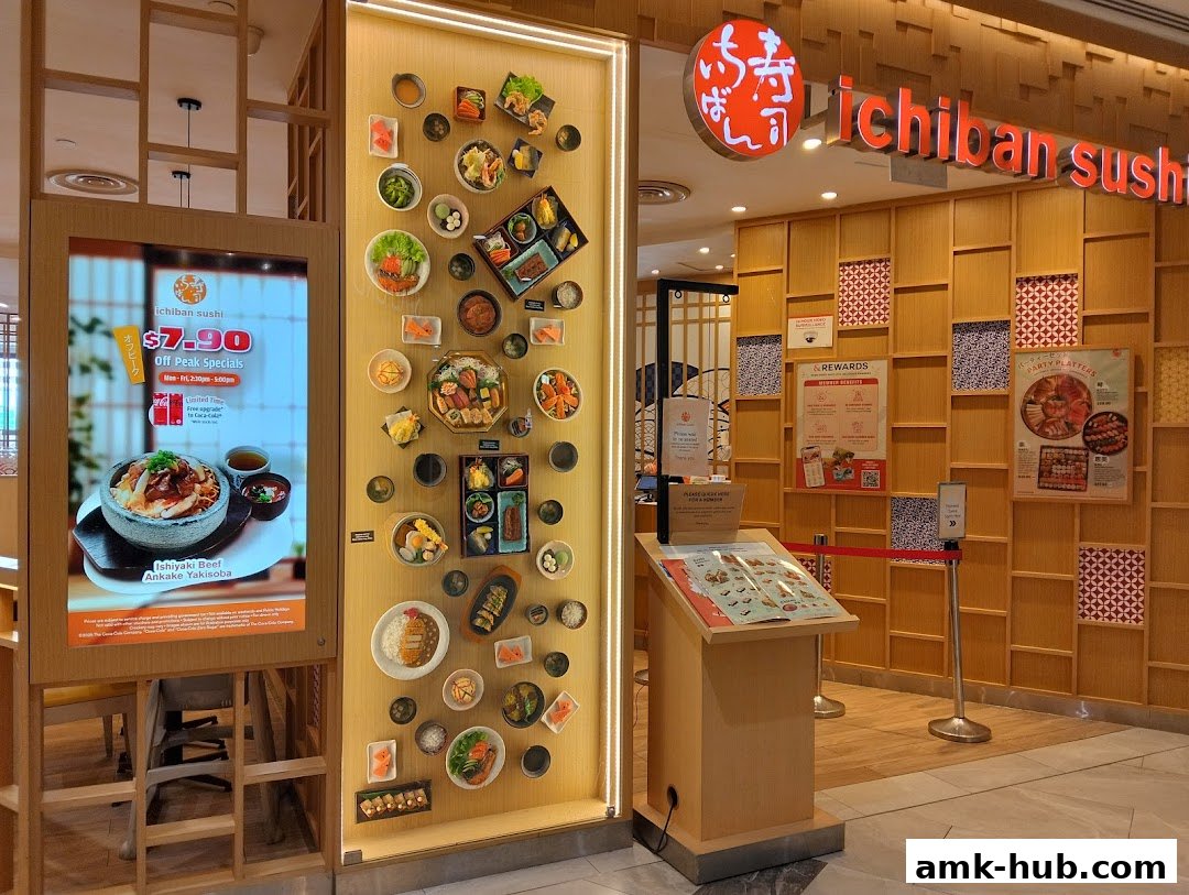 The exterior of Ichiban Sushi Ang Mo Kio, featuring a digital menu and decorative food displays.