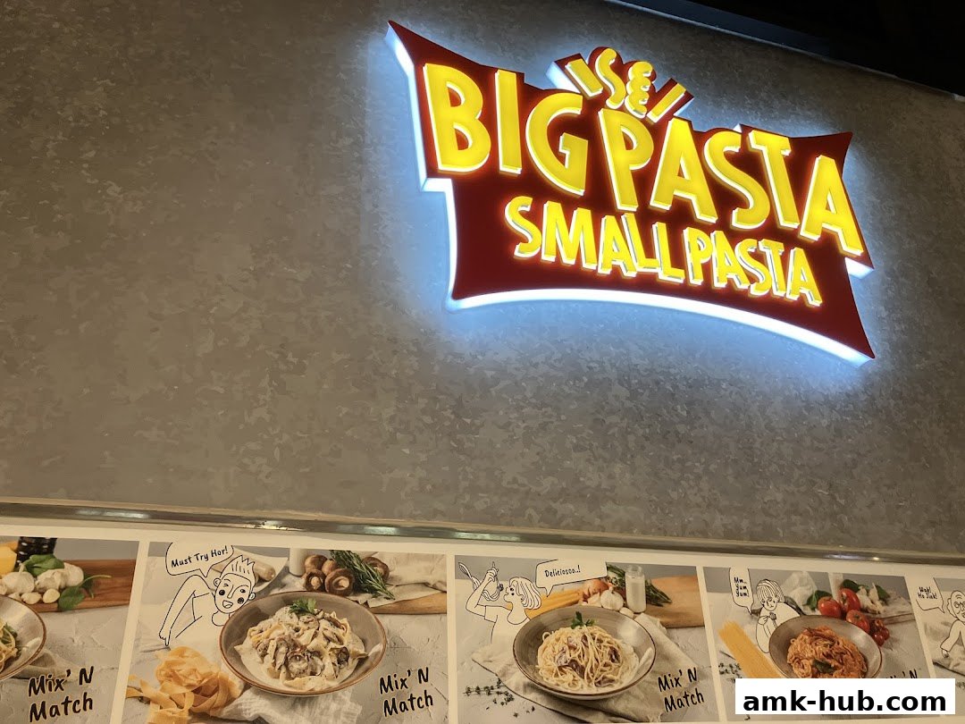 The illuminated sign for Big Pasta Small Pasta with images of pasta dishes below.